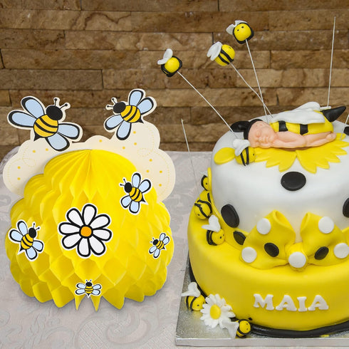 4 Pieces Honey Bee Centerpieces Honeycomb Decorations Yellow Bee Honeycomb Table Centerpieces with Sunflower Stickers for Bee Day Gender Reveal Bi...