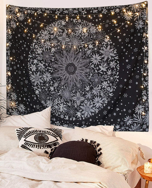 Neasow Bohemian Tapestry Wall Hanging,Black and White Floral Tapestry with Dotted Daisy Medallion Print Bedroom Boho Hippie Home Decor, 60×80 inch...