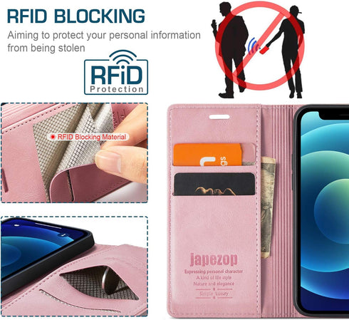 japezop iPhone 12 Mini Flip Case, Pink Leather, RFID Blocking, Card Holder, Slim Fit, Wireless Charging Compatible, 5.4 Inch...