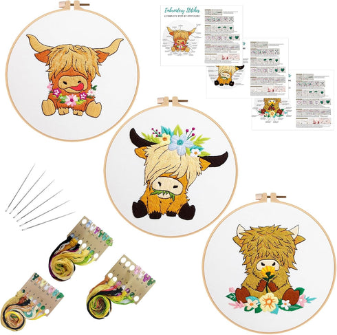 Louise Maelys 3 Sets Highland Cow Embroidery Kits for Beginners,Adults Starter Animal Pattern Cross Stitch Kit DIY Needlepoint Kits...