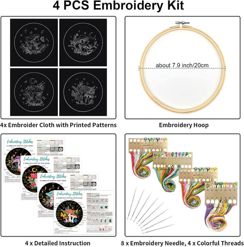 Nuberlic 4 Pack Mushroom Embroidery Kit for Beginners, Starters Cross Stitch Needlepoint Kits for Adults with Stamped Pattern (1 Embroidery Hoops,...