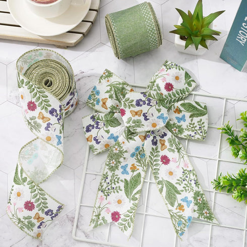 Green Wildflowers Wired Edge Ribbon Retro Wild Floral Craft Ribbon Spring Fabric Ribbon for Wreath Bow Making DIY Wrapping Party Decor Supplies, 2...