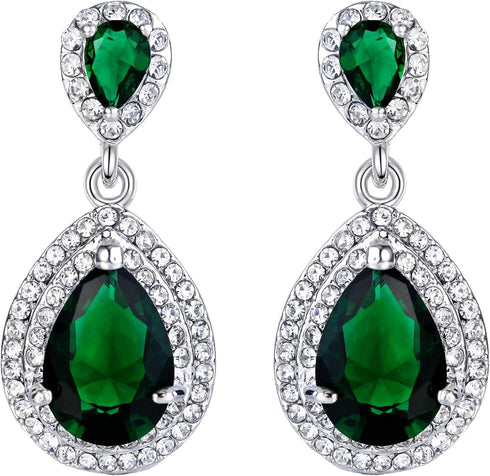 EVER FAITH Women's Austrian Crystal Cubic Zirconia Tear Drop Dangle Earrings Emerald Color Silver-Tone...