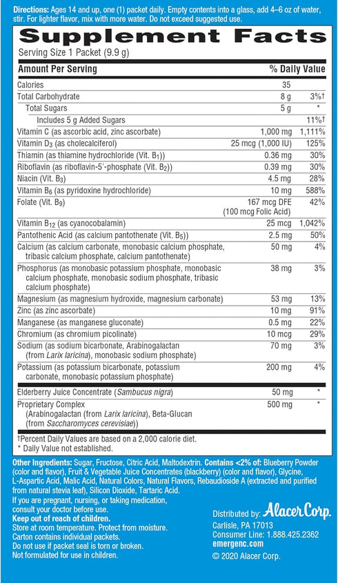 Emergen-C Immune+ Vitamin C 1000mg (18 Count, Elderberry) Dietary Supplement Fizzy Drink Mix Powder Packets...