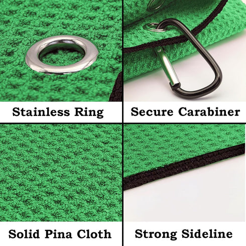 2 Pack Tri-fold Golf Towel Set, Microfiber Fabric Waffle Pattern Towels, Outdoor Sport Towels Heavy Duty Carabiner Clip (2 Pcs) (Greenx2)...