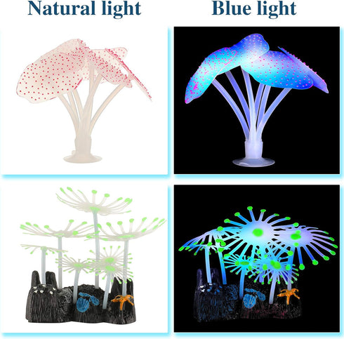 57 Pieces Glowing Fish Tank Decorations Plants with Simulation Glowing Silicone Coral Glowing Jellyfish Lotus Leaf Changeable Green Sea Anemone Lu...