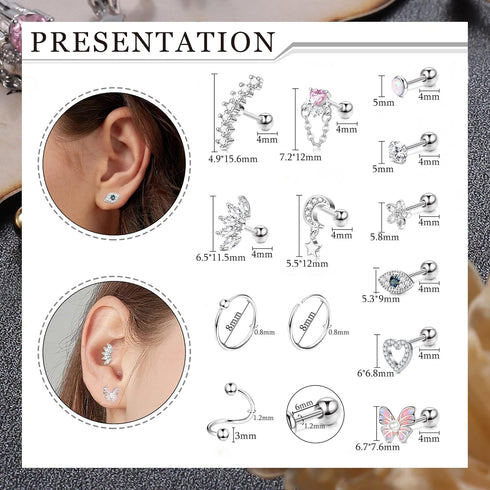 FUNRUN JEWELRY 16G Cartilage Earrings Stud for Women Men Stainless Steel Stud Earrings Hypollergenic CZ Butterfly Heart Helix Tragus Piercing Jewe...