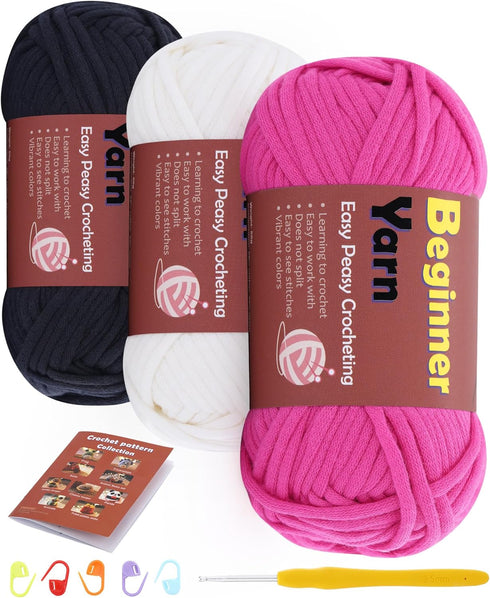 Crochet Yarn for Crocheting and Knitting - 3 PCS White, Black, Magenta Yarns, 4 Medium Weight Worsted Cotton Nylon Blend Yarns for Beginners - Gif...