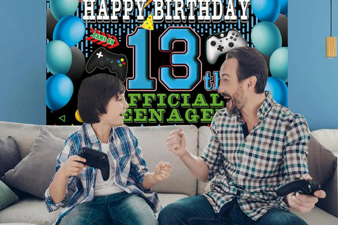 13th Video Game Happy Birthday Decorations Backdrop Banner, 13th Official Teenager Birthday Party Decorations Photo Background 13th Backdrop for B...