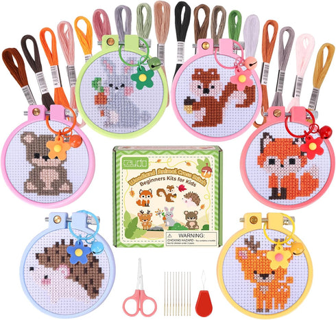 Caydo 6 Pieces Cross Stitch Kit for Kids Embroidery Kits with Woodland Animal Patterns Needlepoint Kit Kids with Instructions for DIY Key Chain, B...