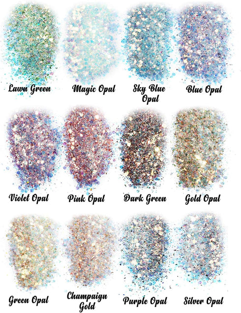 LET'S RESIN Opal Chunky Glitter for Resin, 12 * 10g Craft Glitter Powder for Tumblers/Slime, Iridescent Chameleon Glitter Sequins Festival Decor(E...