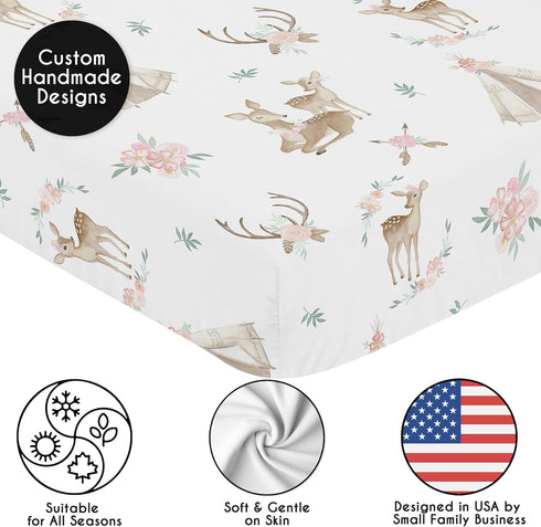 Sweet Jojo Designs Blush Pink, Mint Green and White Boho Baby or Toddler Fitted Crib Sheet for Woodland Deer Floral Collection...