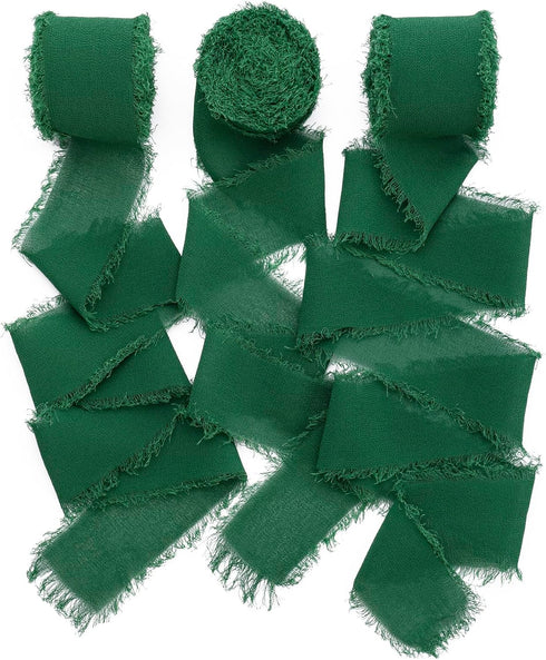 Chiffon Ribbon, 3 Rolls Dark Green Handmade Fringe Chiffon Silk Ribbon 1.5" x 7Yd Ribbons Set for Wedding Invitations,Christmas, Bridal Bouquets, ...