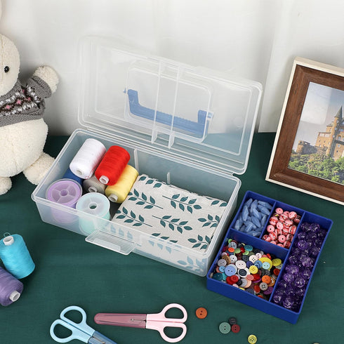 BTSKY Clear Plastic Storage Box with Removable Tray Multipurpose Stationery Storage Box with Handle Handy Sewing Box Art Craft Supply Organizer Ho...