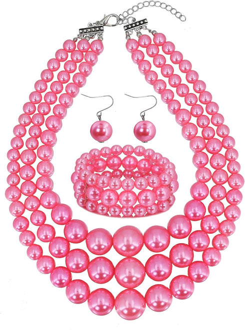 Womens Faux Pearl Costume Jewelry 3 Layers Pearl Chunky Necklace Bracelet and Earrings (Pink)...
