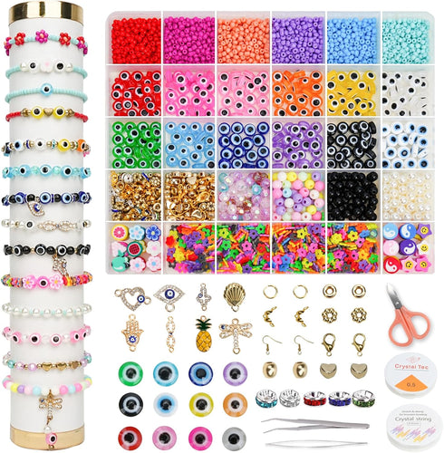 JQEEYGV 3380pcs Evil Eye Beads for Jewelry Making Evil Eye Bracelets Kit with Clay Beads 3mm Seed Beads Pearl Flat Flower Beads & Evil Eye Charms ...
