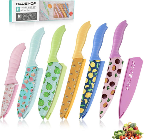 HAUSHOF Kitchen Knife Set, 12-Piece Colorful Knives Set with 6 Sheaths, Non-Stick Coated Stainless Steel Fruit Pattern Blades for Slicing, Dicing&...
