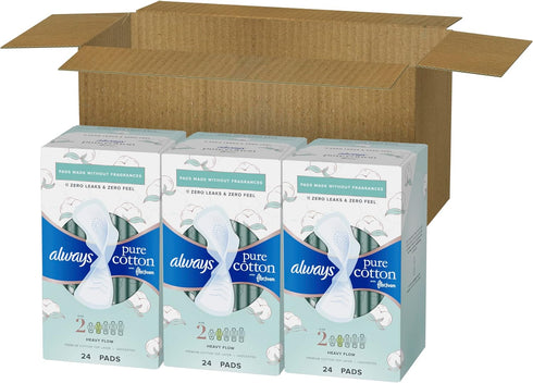 Always Pure Cotton Feminine Pads for Women, FlexFoam Pads with Wings, Size 2, Heavy Absorbency, Unscented, 72 Count (3 Packs of 24)...