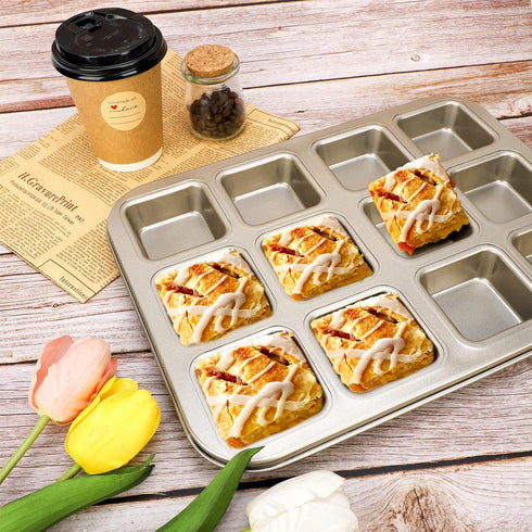 Beasea Brownie Pan with Dividers, 1 Set Gold All Edges Square Cupcake Brownie Pans 12 Cavity Mini Non Stick Baking Carbon Steel Bread Mold Small E...