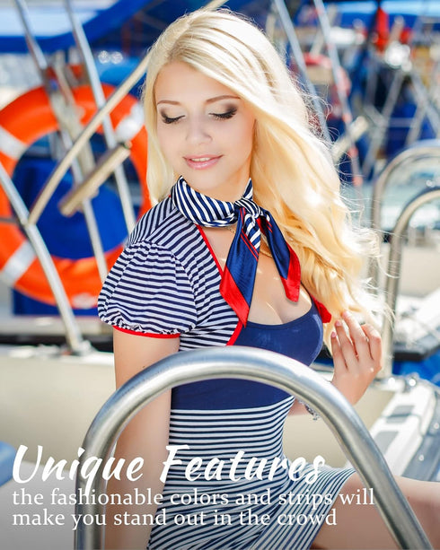 Bonuci Sailor Scarf 23.62 x 23.62 Inch Silk Satin Flight Attendant Scarf Square Red White and Blue Stripe Scarf for Women...