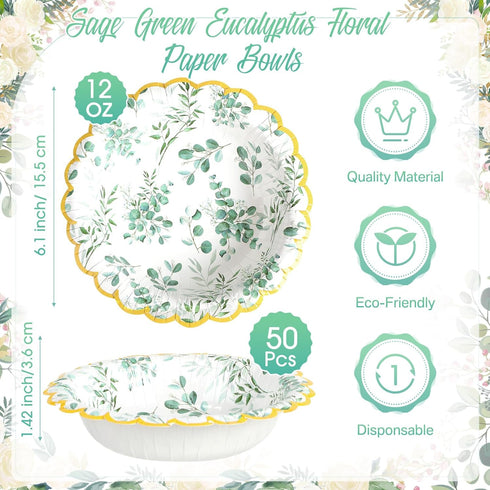 50 Pcs Sage Green Disposable Bowls Bulk 12 oz Eucalyptus Paper Bowl Greenery Snack Bowl Tea Party Supplies Decorations for Baby Shower Wedding Bri...