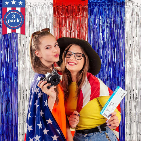 LOLStar 4th of July Decorations, 3Pack Red White Blue Labor Day Party Decorations Tinsel Foil Fringe Curtains, Photo Booth Prop Streamer Backdrop ...