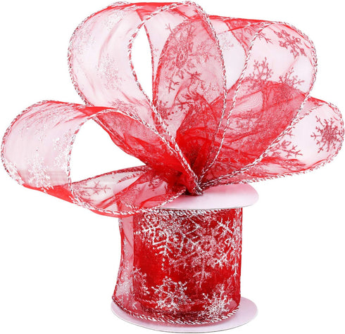 Boao 2.5 Inch Wide Organza Ribbon Snowflake Wired Sheer Glitter Ribbon with Spool for Christmas Decoration, Gift Wrapping, Party Decoration (Red, ...