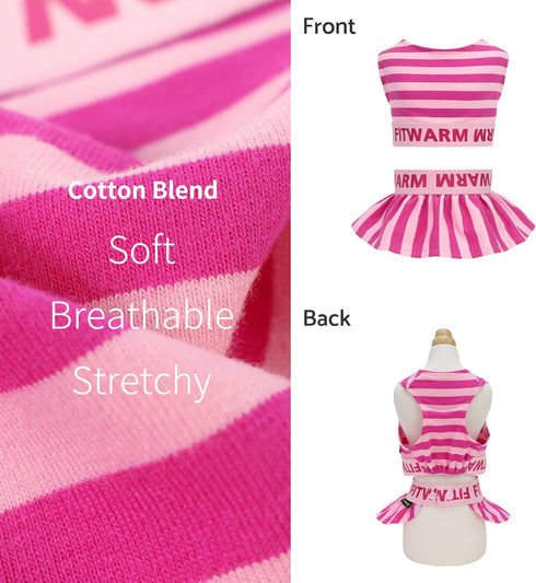 Fitwarm 2 Piece Summer Dog Clothes with Crop Top and Skirt, Striped Dog Dress for Small Dogs Girl, Pet Cat Outfit, Pink, Small...