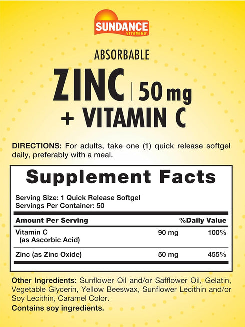 Sundance Absorbable Zinc with Vitamin C | 50mg | 50 Softgels | Essential Nutrients | Non-GMO and Gluten Free Supplement...