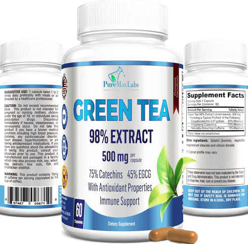 Green Tea Extract 98% - 3X Strength, 75% Polyphenol Catechins, 45% EGCG, Super Antioxidant - 60 Capsules...