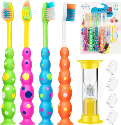 Soft Kids Toothbrushes with Suction Timer and Flossing Bristles, Children Sized Brush Heads (3-10 Year Old), Suction Cup for Fun & Easy Storage, T...