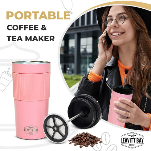 Portable French Press Travel Mug (15oz) - Stainless Steel & Double Wall Vacuum Pink Coffee Maker – Single Serve French Press for Travel, Home, Off...