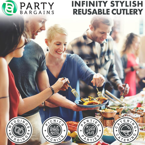 Party Bargains Disposable Plastic Navy Gold Salad Forks, Infinity Modern Design Utensils, 20 Pack...