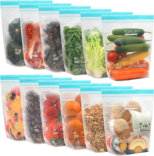 SPLF 12 Pack Reusable Gallon Freezer Bags Dishwasher Microwave Safe, 1 Gallon BPA Free Leakproof Food Storage Bags, Silicone Free Containers for M...