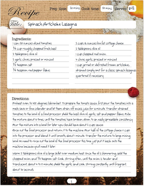 Full Size Recipe Pages 8.5x11'' Double-Sided Paper, (25 Sheets) No-Smear Matte Paper Recipe Pages for Binders, Convenient Blank Recipe Paper Refil...