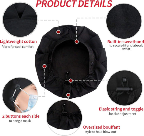 ABAMERICA Bouffant Caps with Button and Sweatband, Adjustable Scrub Caps for Women Men, One Size Multi Color...
