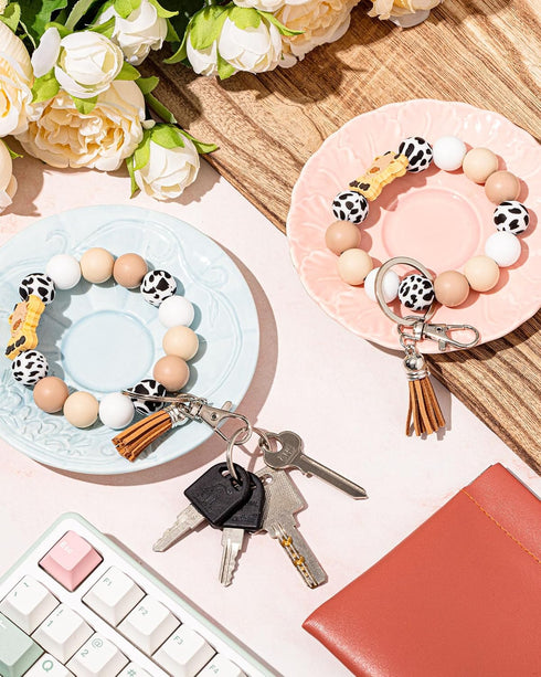 4 Pcs Highland Cow Wristlet Keychain Highland Cow Gifts for Women Girls Cute Silicone Cow Print Bead Bracelet Keychains...