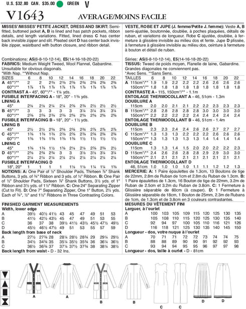 Vogue V1643E5 Women's Semi Button Jacket, Fitted Dress, and Pleated Skirt Sewing Patterns, Sizes 14-22, White...