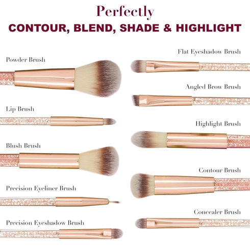 Expressions 10pc Pro Makeup Brush Set w/Sparkling Gemstones in Rose Gold - 10 Quality Soft Bristle Makeup Brushes For Everyday Use - Professional ...