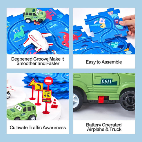 Puzzle Racer Kids Car Track Set - Toys for Ages 2-4 for Kids 3 Year Old Boy Toys Dinosaur Jigsaw Puzzle Track Car PlaySet for 3-5 with Car & Airpl...