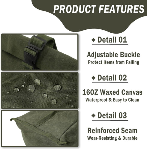 Kaaltisy Heavy Duty Lunch Bags Waxed Canvas Roll-top Lunch Boxes Waterproof Reusable Lunch Bag with Adjustable Buckle, Green, Hard Handfeel...