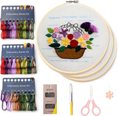 Dortusen 3 Sets Embroidery Kit for Beginners Adults Learn Different Stitches DIY Kits Includes Embroidery Tools Easy to Follow Instruction Embroid...