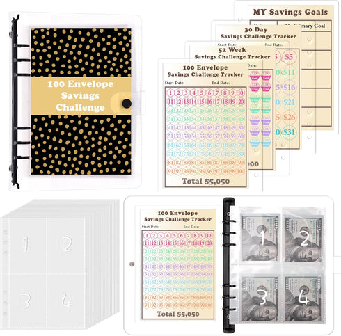 100 Envelopes Money Saving Challenge with 3 Reusable Laminated $5,050, 500, 10,000 Tracker Sheet, Money Saving Binder for Budgeting, A5 Budget Pla...