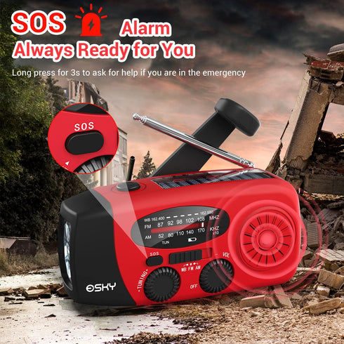Esky Emergency Hand Crank Radio with 3 LED Flashlight, AM/FM/NOAA Portable Weather Radio with 2000mAh Power Bank Phone Charger, Solar Powered Rech...