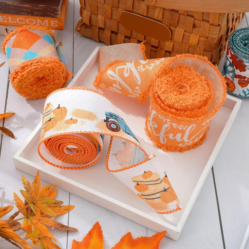 Fall Wired Edge Ribbon 24 Yards Autumn Pumpkin Truck Ribbon Orange Blue Plaids Thankful Fabric Craft Ribbon for Thanksgiving Wreath Bow Making DIY...