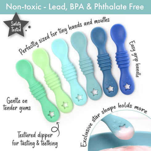 Silicone First Stage Baby Spoon Set – Baby Led Weaning - Self Feeding Utensils for Infants & Toddlers … (Seaside Palette Stage 1 Spoons)...
