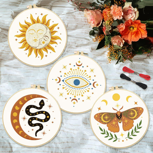 INFUNLY 4pcs Evil Eyes Embroidery Starter Kit for Beginners Moth Cross Stitch Kits for Adults Sun and Moon Stars Snake Stamped Stitches Embroidery...