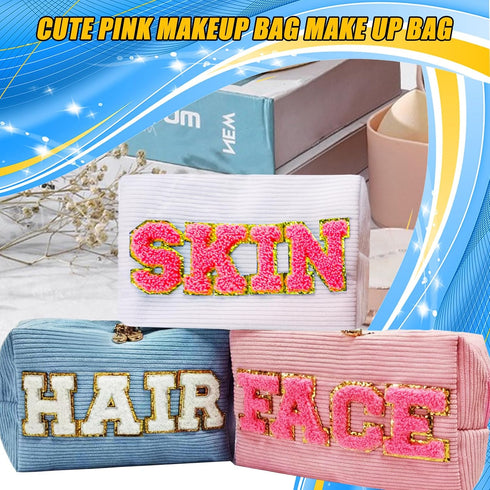 3 Pcs Chenille Letters Preppy Makeup Bag Bulk Set Corduroy Hair Face Skin Cosmetic Pouch Cute Toiletry Travel Organized Bag with Zipper for Women ...