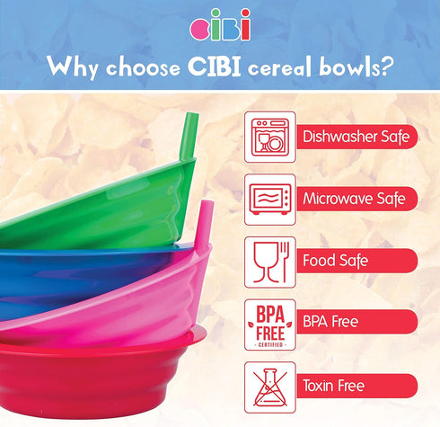 Cibi Cereal Bowls with Straws for Kids BPA-Free Plastic | Toddler Sip-A-Bowls with Built-In Straw for Cereal and Soup | Set of 4 Colorful Breakfas...