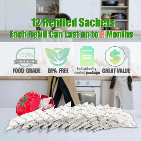 Produce Freshness Preserver Saver - Keep Fruits and Vegetables Fresh Longer, Ethylene Gas and Odor Absorber in Refrigerator (12 Refill Sachets)...